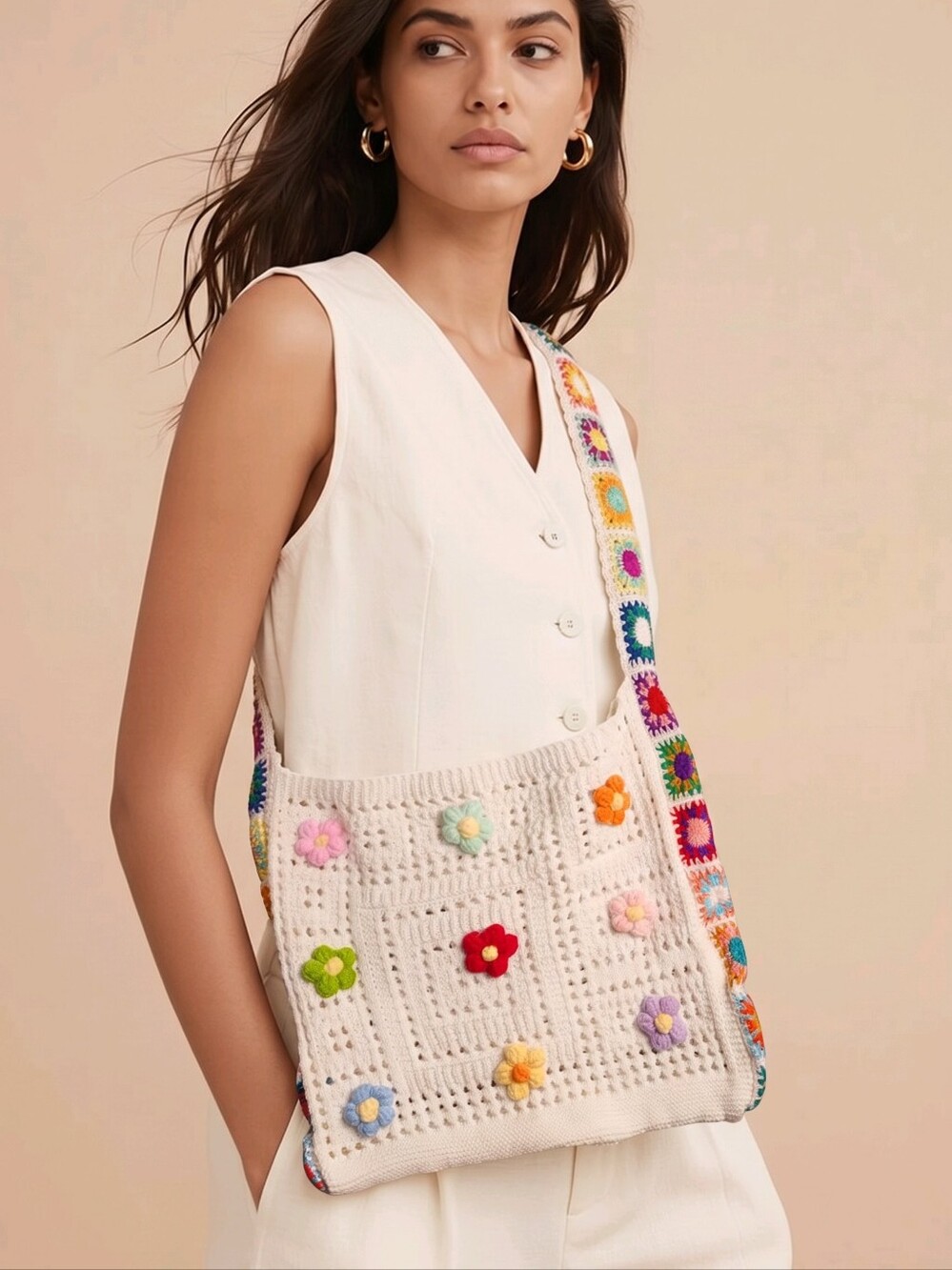 Handcrafted Cream Crochet Crossbody Bag with Multicolor Floral Accents